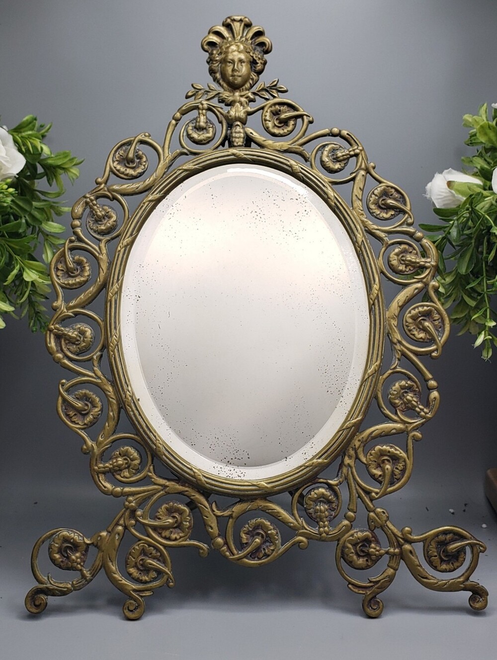 Antique Brass Oval Mirror / Picture Frame w/Easel. Late 19th Century